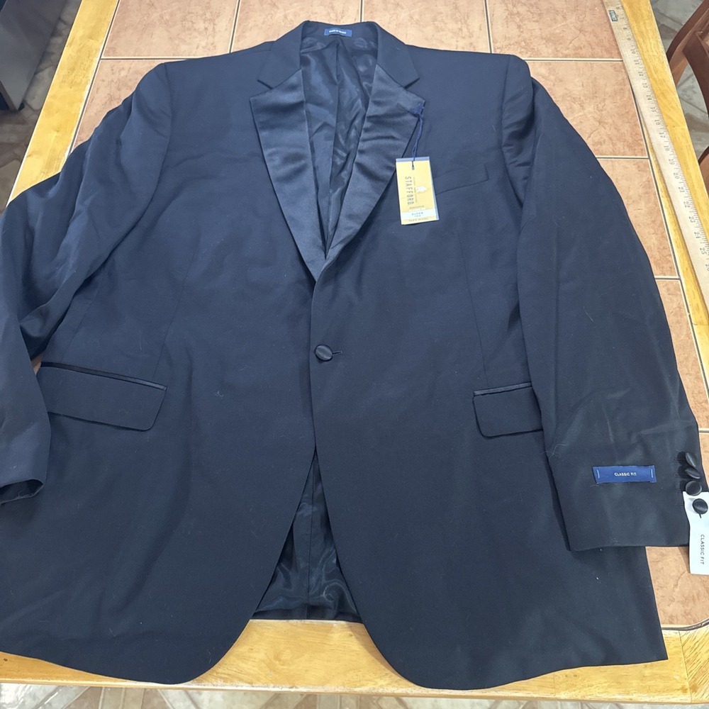 NEW Stafford Men Suit Jacket Tuxedo Blazer 50L Black 100% Wool Classic Fit $240
